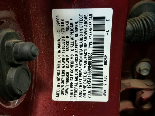 19XFA16599E051808 - 2009 HONDA CIVIC LX MAROON photo 10