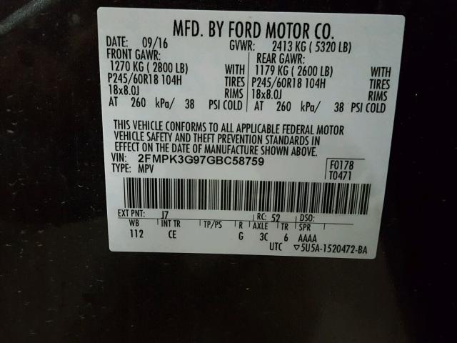 2FMPK3G97GBC58759 - 2016 FORD EDGE SE CHARCOAL photo 10