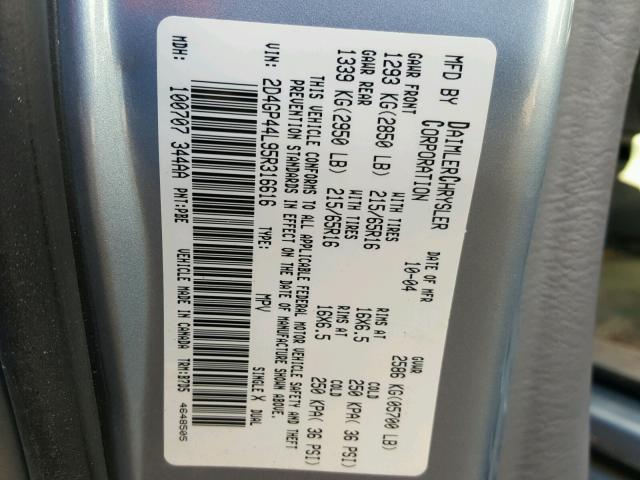 2D4GP44L95R316616 - 2005 DODGE GRAND CARA BLUE photo 10