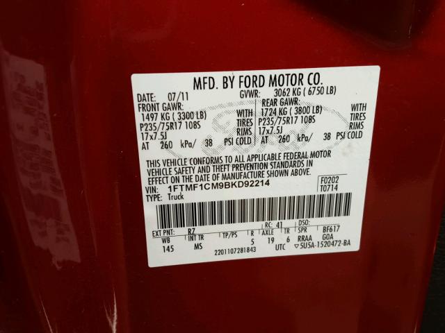 1FTMF1CM9BKD92214 - 2011 FORD F150 RED photo 10