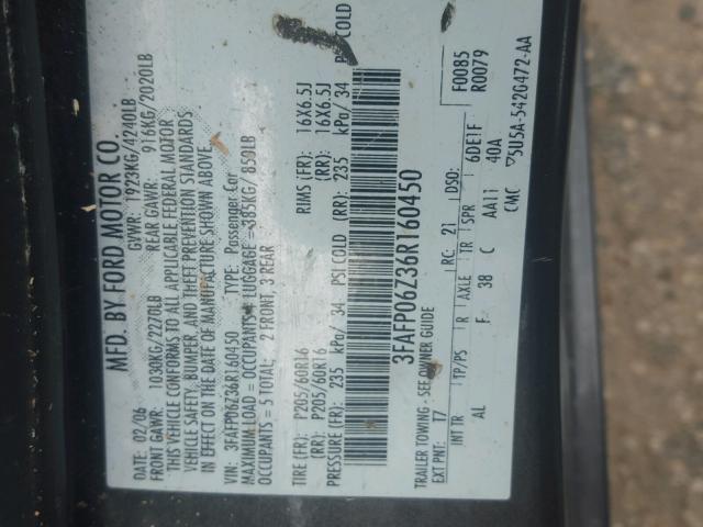 3FAFP06Z36R160450 - 2006 FORD FUSION GRAY photo 10