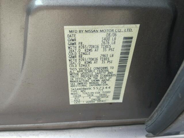 5N1AN08WX6C557144 - 2006 NISSAN XTERRA GRAY photo 10