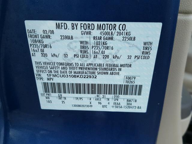 1FMCU03108KD22932 - 2008 FORD ESCAPE XLT BLUE photo 10