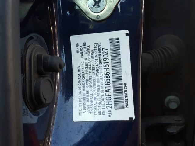 2HGFA16586H519027 - 2006 HONDA CIVIC LX BLUE photo 10