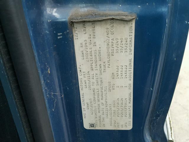 1GCCS19Z4P8151711 - 1993 CHEVROLET S TRUCK S1 BLUE photo 10