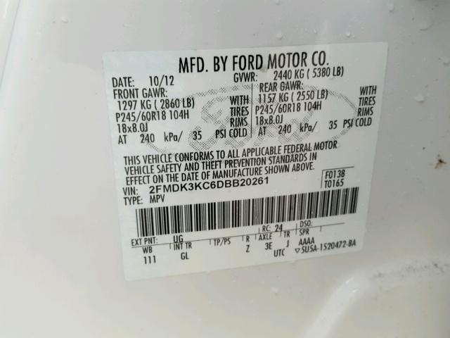 2FMDK3KC6DBB20261 - 2013 FORD EDGE LIMIT WHITE photo 10