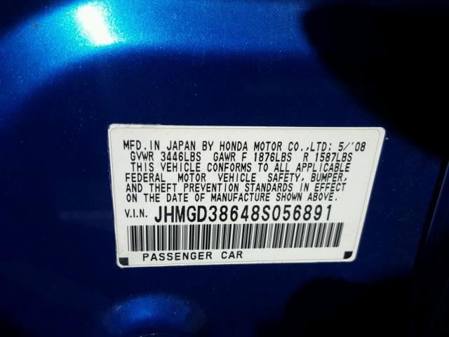 JHMGD38648S056891 - 2008 HONDA FIT SPORT BLUE photo 10