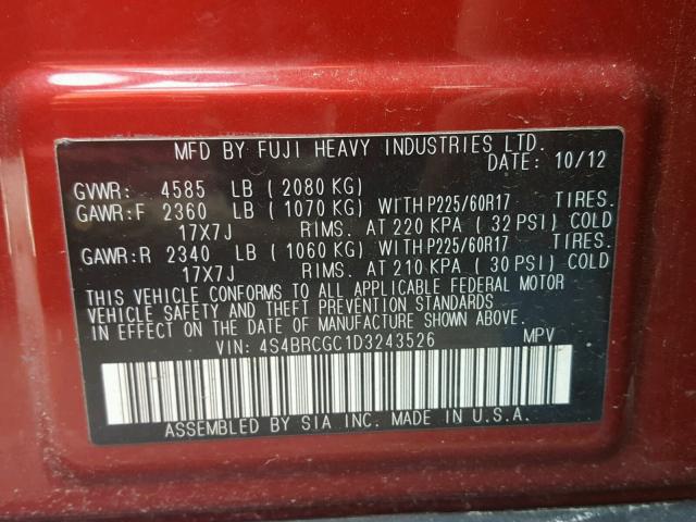 4S4BRCGC1D3243526 - 2013 SUBARU OUTBACK RED photo 10