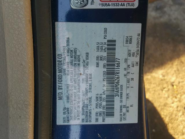 3FAHP06Z67R116677 - 2007 FORD FUSION S BLUE photo 10