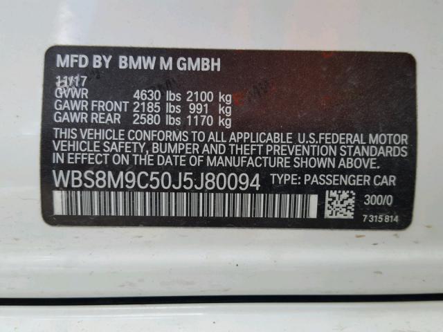 WBS8M9C50J5J80094 - 2018 BMW M3 WHITE photo 10