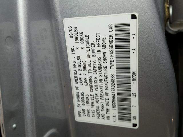 1HGCM56417A024838 - 2007 HONDA ACCORD LX SILVER photo 10