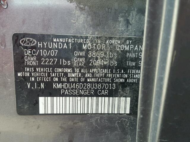 KMHDU46D28U387013 - 2008 HYUNDAI ELANTRA GL CHARCOAL photo 10