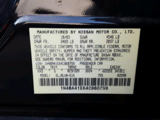 1N4BA41E64C860759 - 2004 NISSAN MAXIMA SE BLACK photo 10