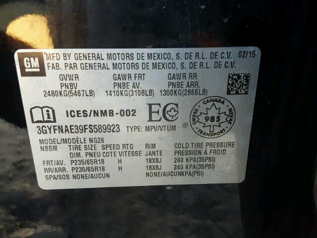 3GYFNAE39FS589923 - 2015 CADILLAC SRX BLACK photo 10