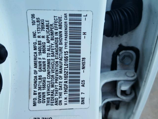 1HGFA16527L016615 - 2007 HONDA CIVIC LX WHITE photo 10