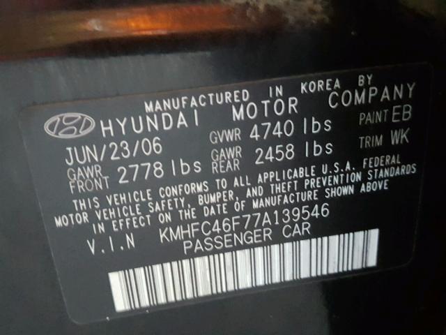 KMHFC46F77A139546 - 2007 HYUNDAI AZERA SE BLACK photo 10