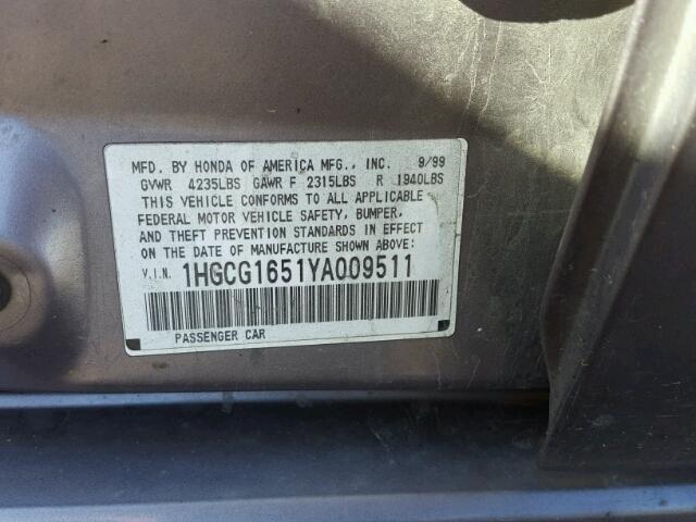 1HGCG1651YA009511 - 2000 HONDA ACCORD EX GRAY photo 10