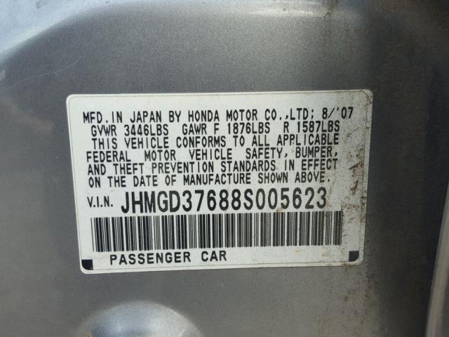 JHMGD37688S005623 - 2008 HONDA FIT SPORT SILVER photo 10