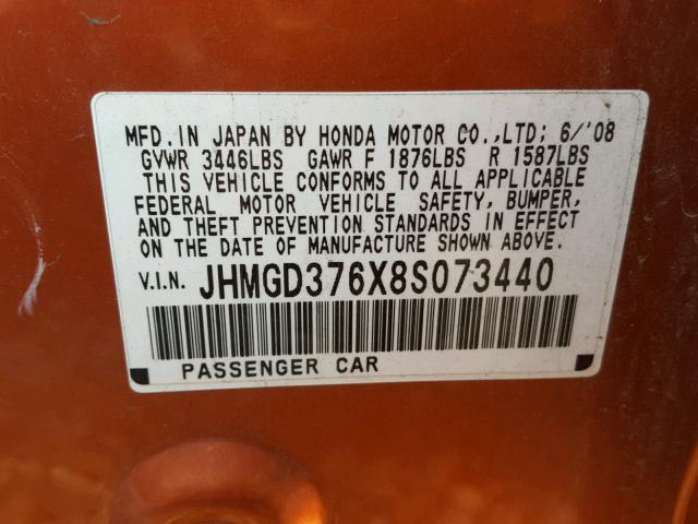 JHMGD376X8S073440 - 2008 HONDA FIT SPORT ORANGE photo 10