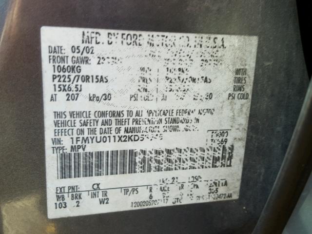 1FMYU011X2KD53945 - 2002 FORD ESCAPE XLS GRAY photo 10