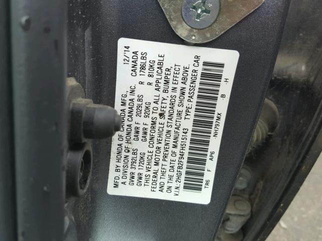 2HGFB2F94FH515143 - 2015 HONDA CIVIC EXL رمادي صورة 10