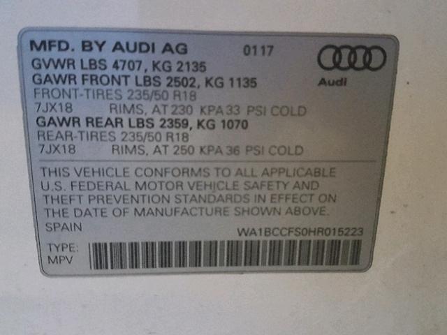 WA1BCCFS0HR015223 - 2017 AUDI Q3 PREMIUM WHITE photo 10