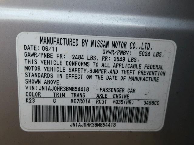 JN1AJ0HR3BM854418 - 2011 INFINITI EX35 BASE SILVER photo 10