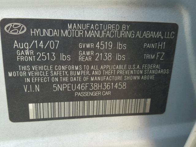 5NPEU46F38H361458 - 2008 HYUNDAI SONATA SE GRAY photo 10