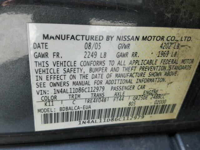 1N4AL11D86C112979 - 2006 NISSAN ALTIMA S GRAY photo 10