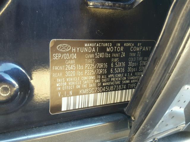 KM8SC73D45U871874 - 2005 HYUNDAI SANTA FE G BLUE photo 10