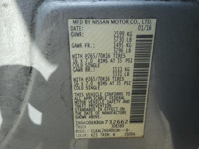 1N6AD0ER8GN732662 - 2016 NISSAN FRONTIER S SILVER photo 10