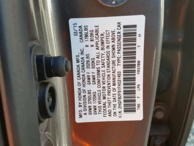2HGFB2F91FH531493 - 2015 HONDA CIVIC EXL Grafit foto 10
