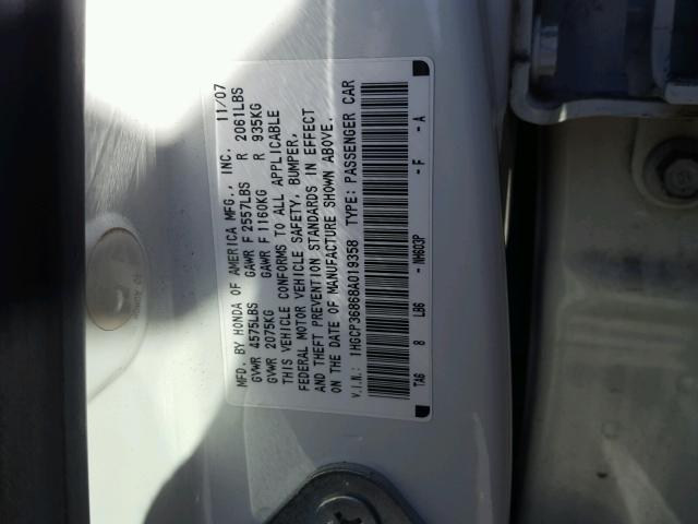 1HGCP36868A019358 - 2008 HONDA ACCORD EXL WHITE photo 10