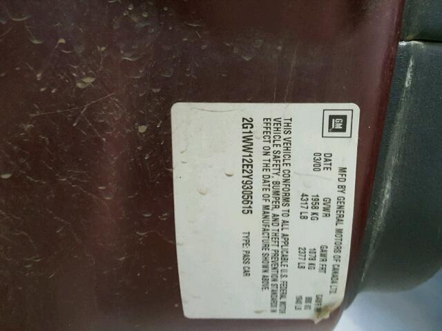 2G1WW12E2Y9305615 - 2000 CHEVROLET MONTE CARL 勃艮第红 照片 10