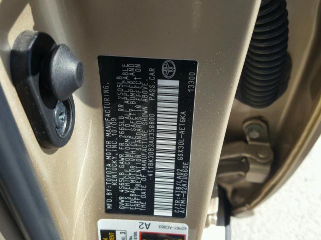 4T1BK3DB3AU358800 - 2010 TOYOTA AVALON XL GOLD photo 10