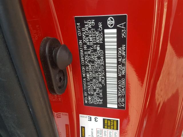 JTKJF5C71F3094107 - 2015 TOYOTA SCION TC 红色 照片 10