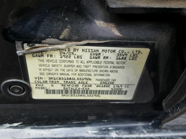 3N1CB51D85L551926 - 2005 NISSAN SENTRA 1.8 BLACK photo 10