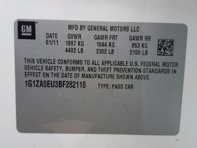 1G1ZA5EU3BF282110 - 2011 CHEVROLET MALIBU LS თეთრი ფოტო 10