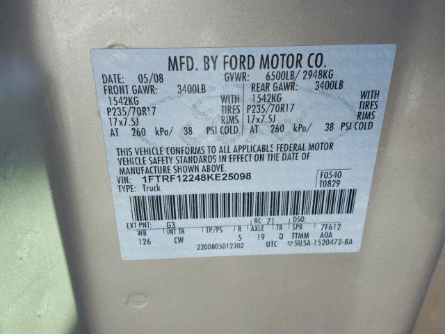 1FTRF12248KE25098 - 2008 FORD F150 GOLD photo 10