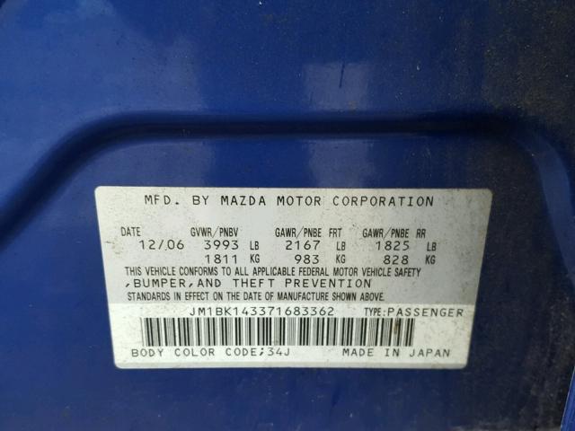 JM1BK143371683362 - 2007 MAZDA 3 HATCHBAC BLUE photo 10