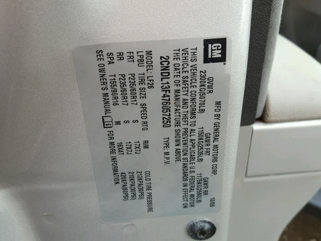 2CNDL13F476057250 - 2007 CHEVROLET EQUINOX LS SILVER photo 10