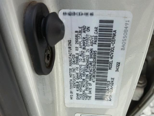 4T1BE32K03U208995 - 2003 TOYOTA CAMRY LE SILVER photo 10