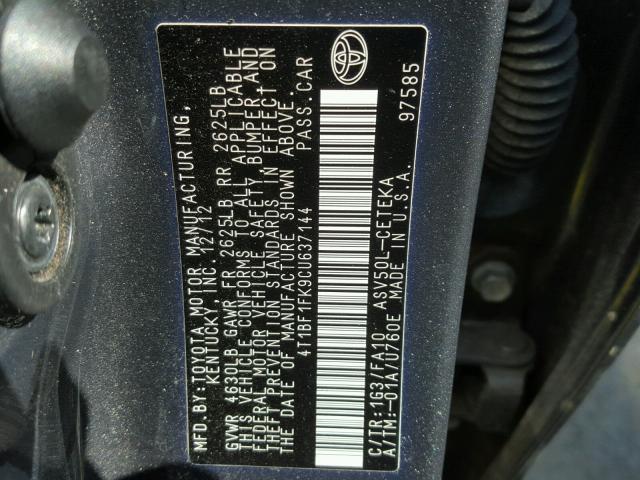 4T1BF1FK9CU637144 - 2012 TOYOTA CAMRY BASE GRAY photo 10