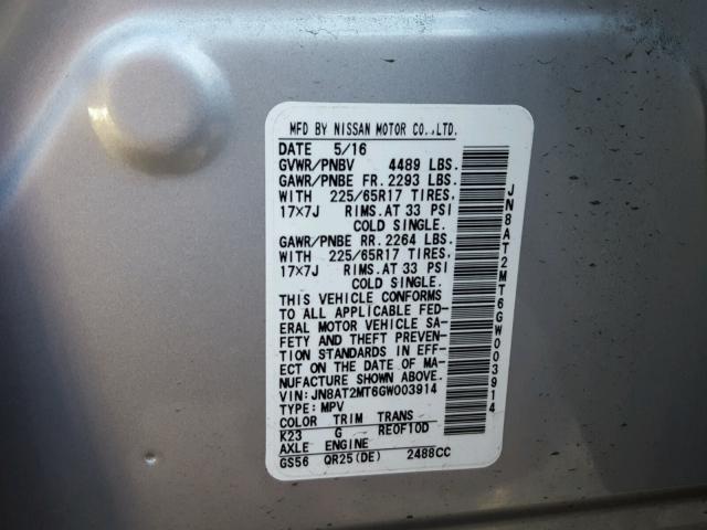 JN8AT2MT6GW003914 - 2016 NISSAN ROGUE S SILVER photo 10