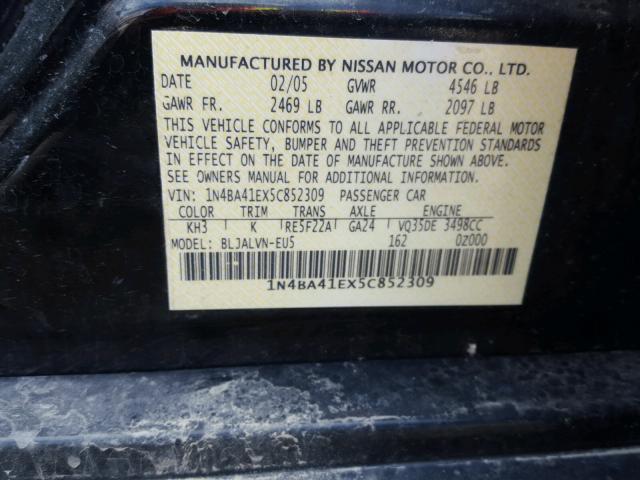 1N4BA41EX5C852309 - 2005 NISSAN MAXIMA SE BLACK photo 10