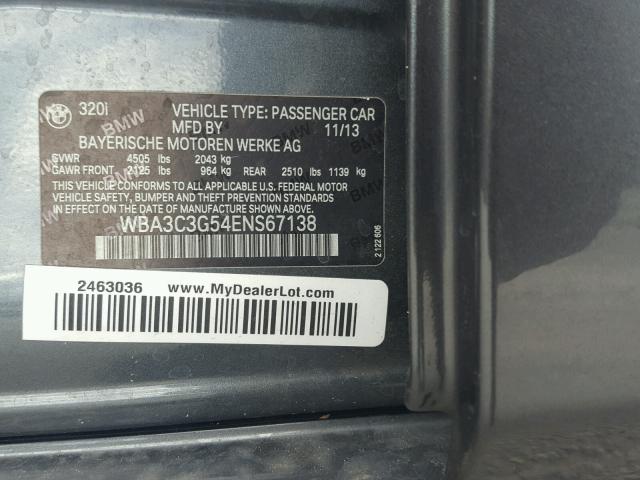 WBA3C3G54ENS67138 - 2014 BMW 320 I GRAY photo 9