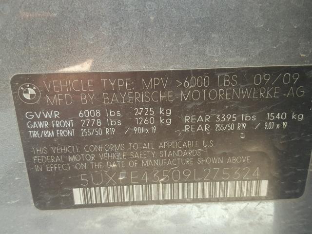 5UXFE43509L275324 - 2009 BMW X5 XDRIVE3 GRAY photo 10