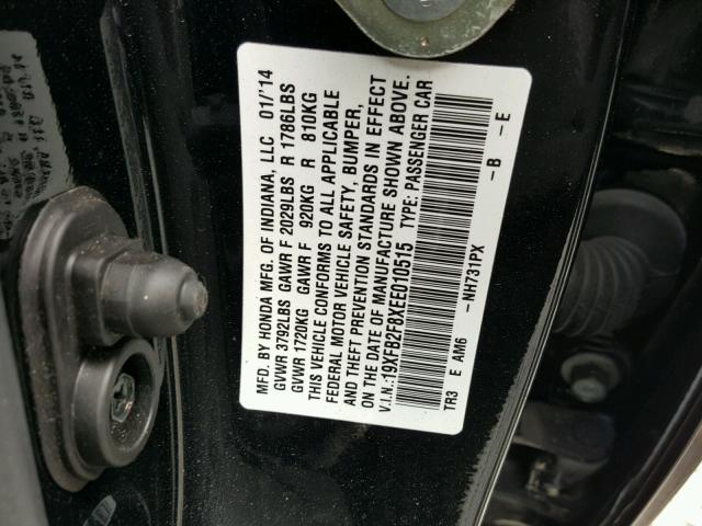 19XFB2F8XEE010515 - 2014 HONDA CIVIC EX BLACK photo 10