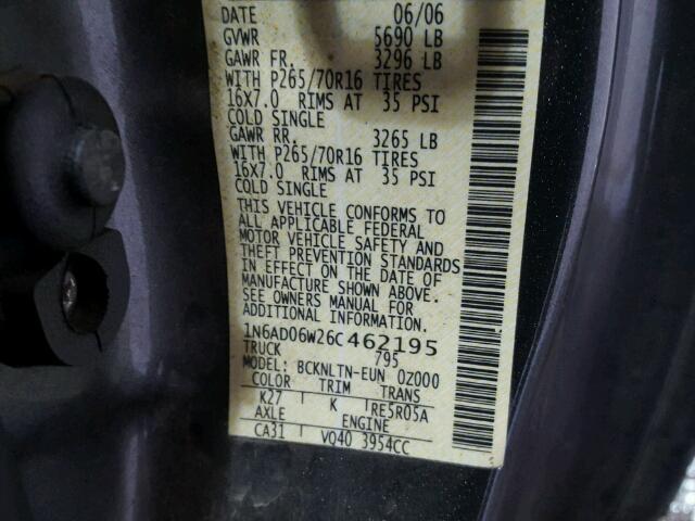 1N6AD06W26C462195 - 2006 NISSAN FRONTIER K GRAY photo 10