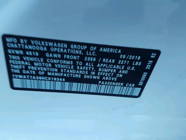 1VWAT7A39HC019344 - 2017 VOLKSWAGEN PASSAT S WHITE photo 10